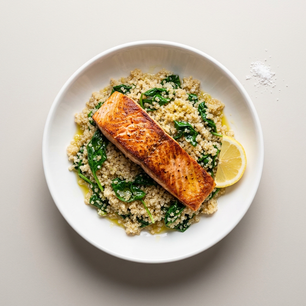 Warm Salmon and Quinoa Power Bowl, prepared as a finished Lila recipe