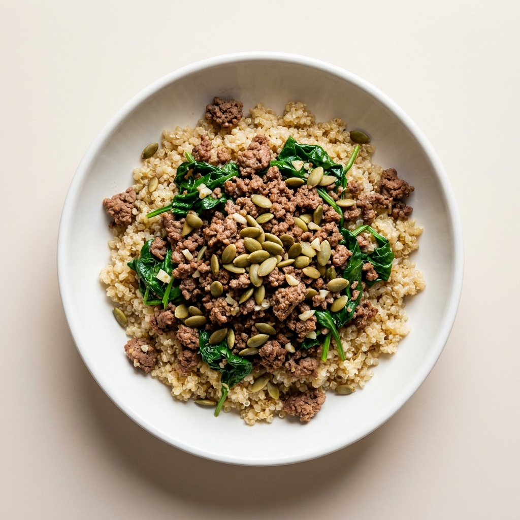 Lean Beef and Spinach Fiber Bowl, prepared as a finished Lila recipe