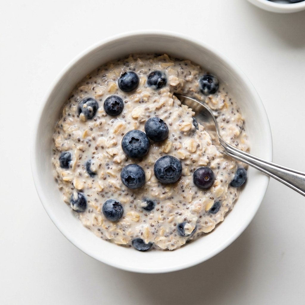 High Protein Blueberry Chia Overnight Oats, prepared as a finished Lila recipe