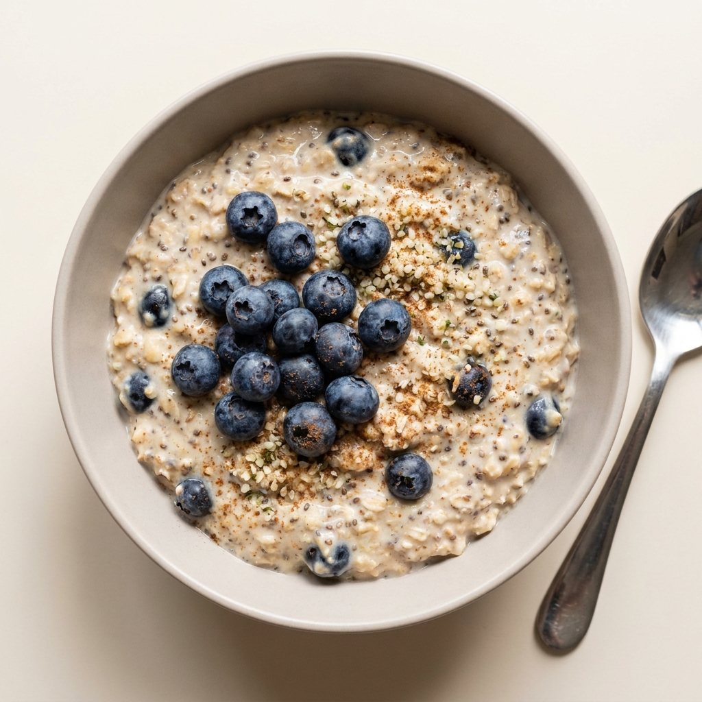 High Protein Blueberry Hemp Overnight Oats, prepared as a finished Lila recipe
