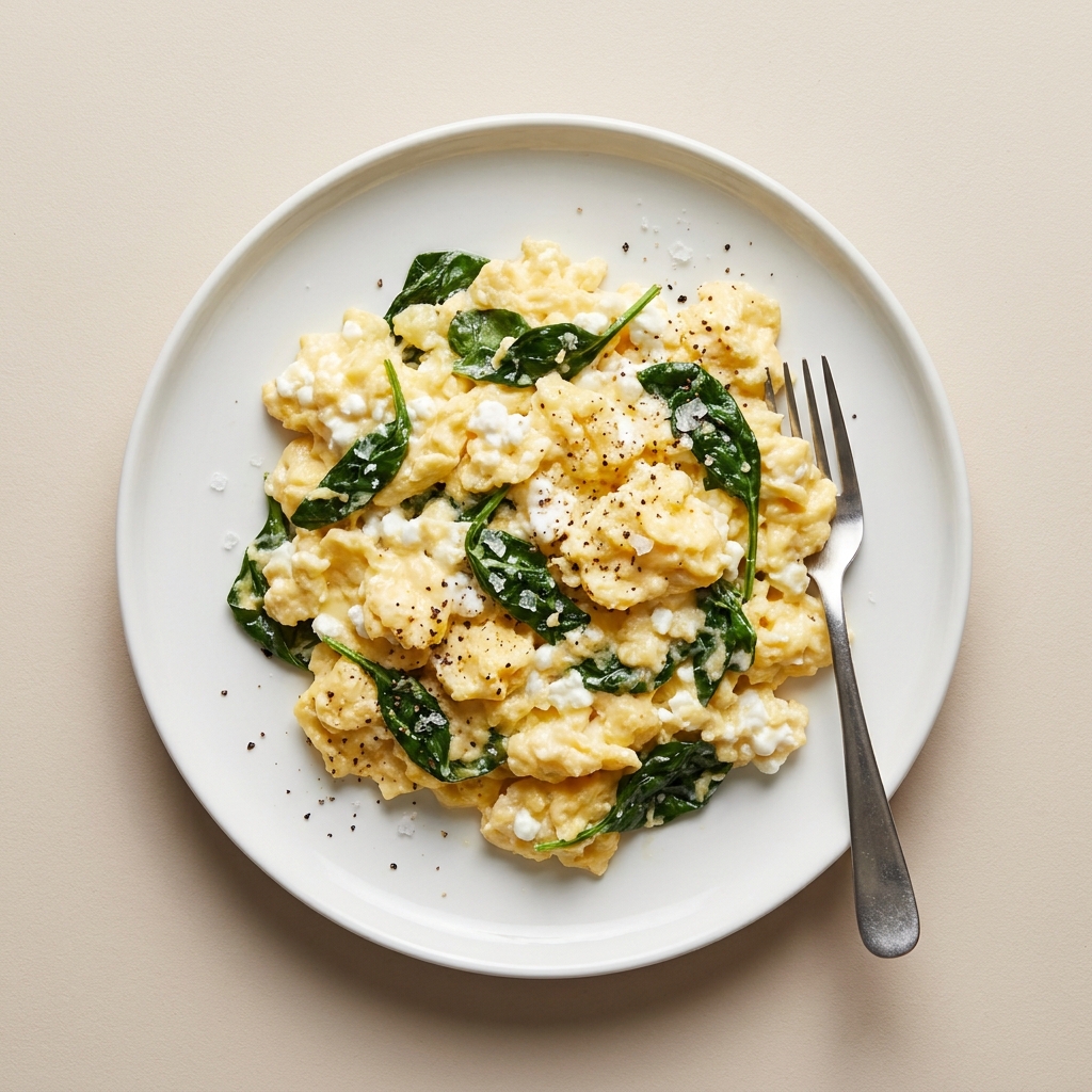 Warm Savory Cottage Cheese Egg Scramble, prepared as a finished Lila recipe