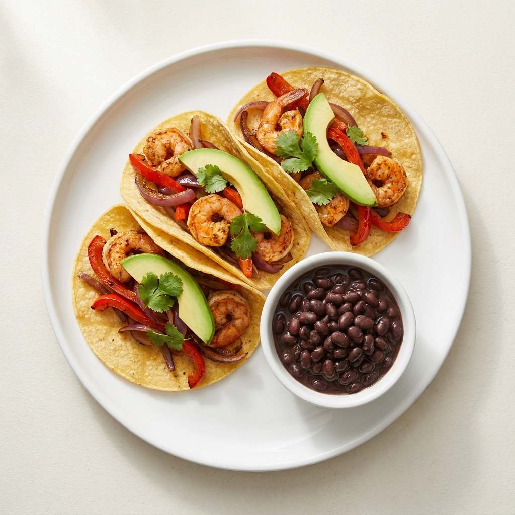Mild Shrimp Fajitas with Black Beans, prepared as a finished Lila recipe