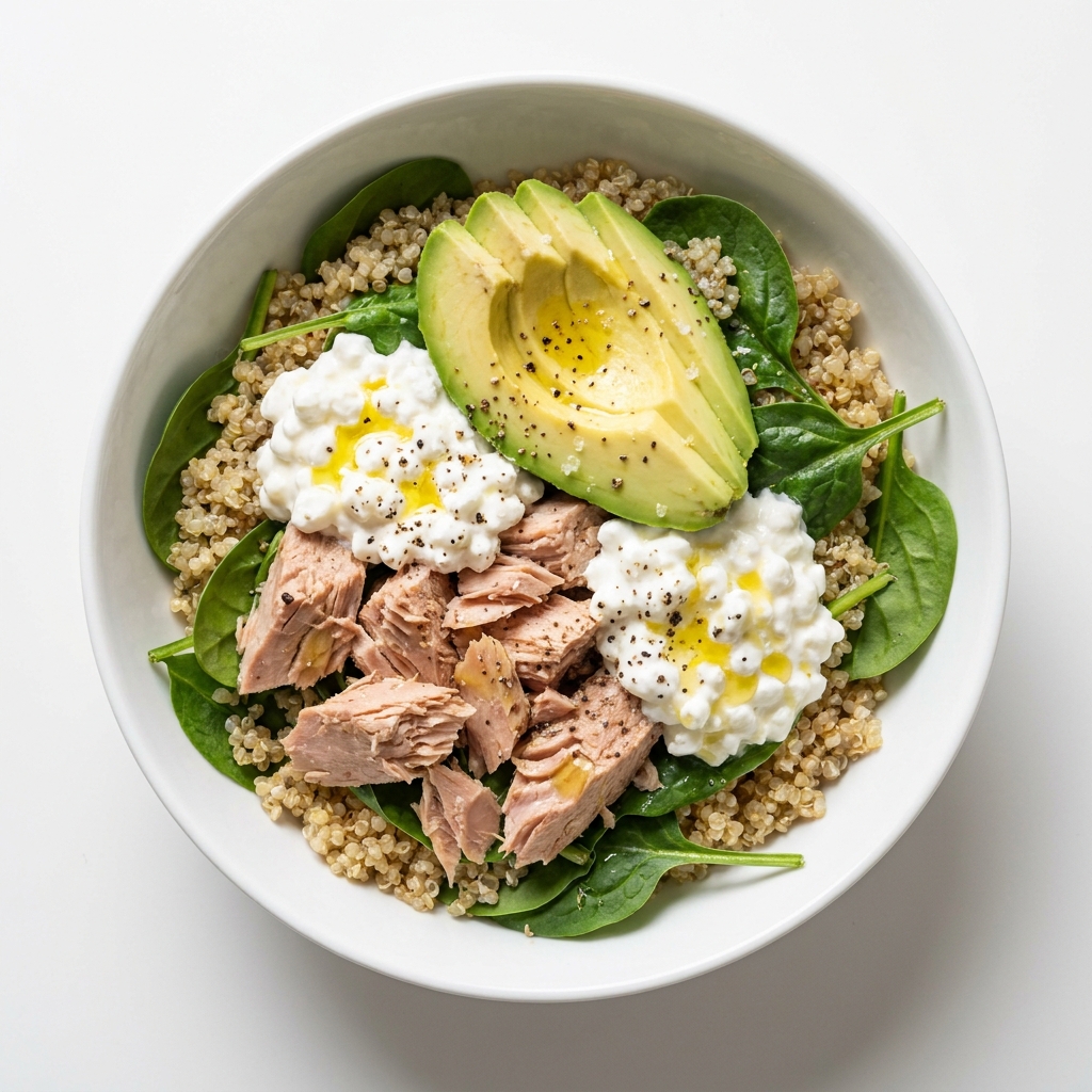 High Protein Tuna and Cottage Cheese Grain Bowl, prepared as a finished Lila recipe