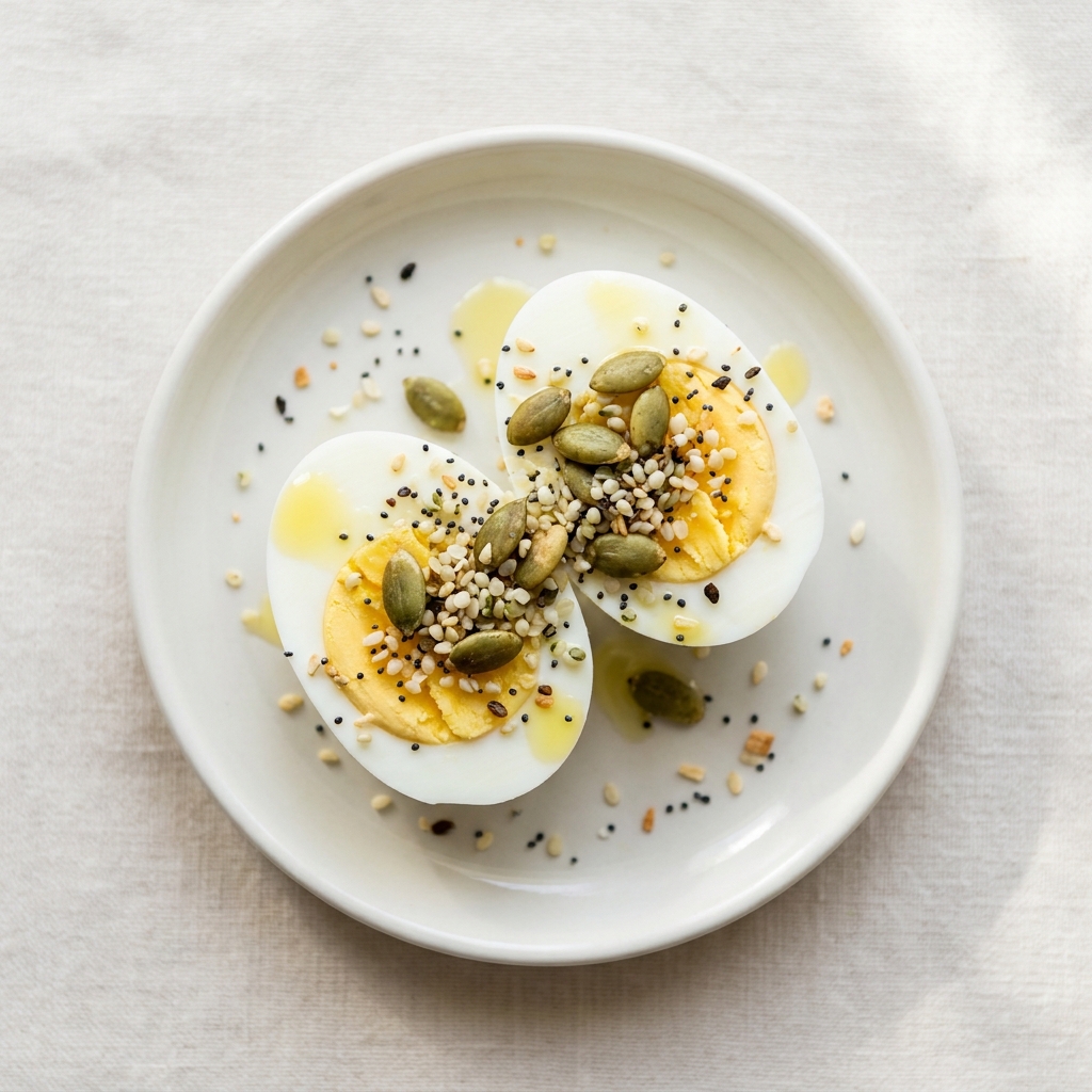 Hard-Boiled Eggs with Seeded Crunch, prepared as a finished Lila recipe