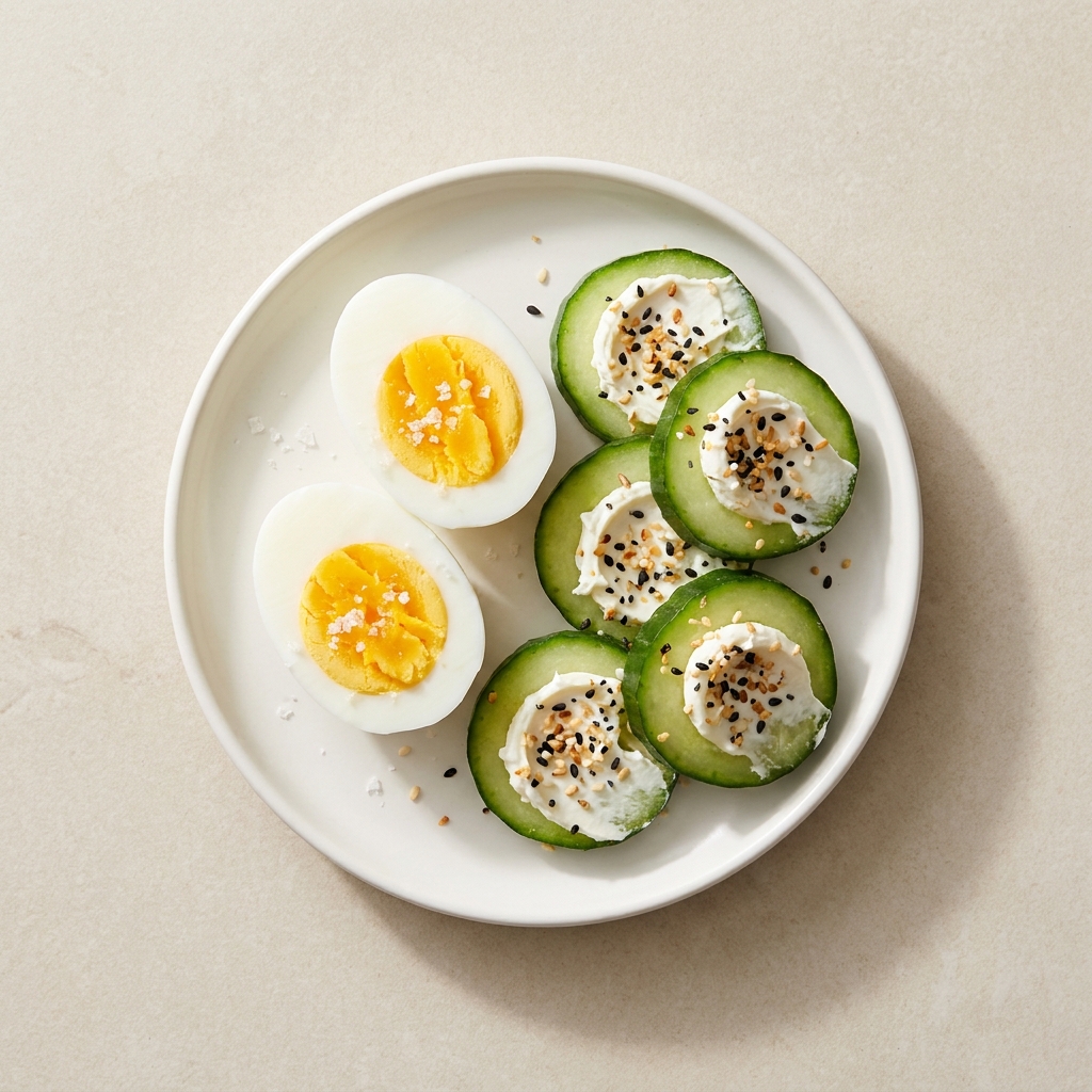 Hard-Boiled Eggs with Everything Cucumber Bites, prepared as a finished Lila recipe
