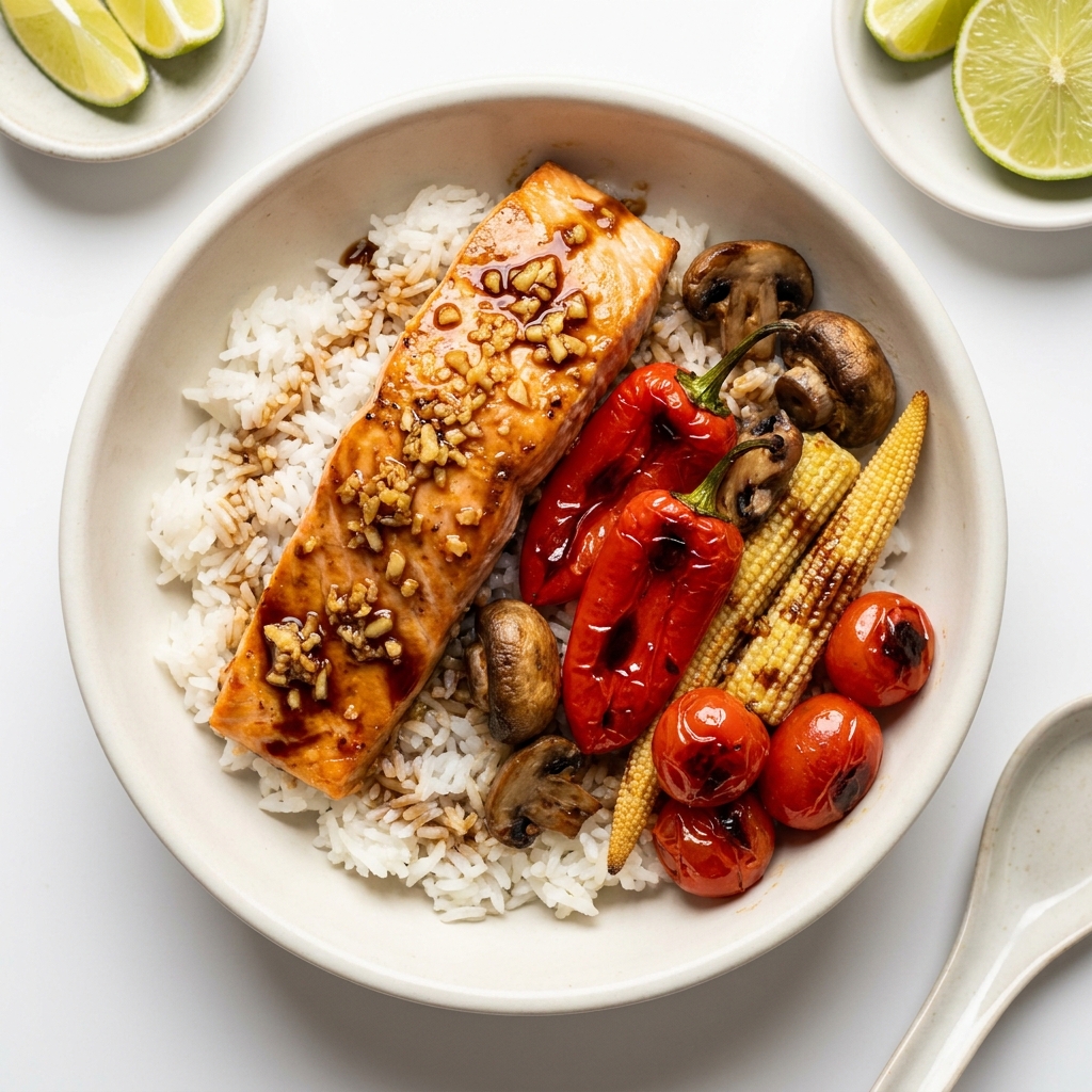 Air Fryer Ginger Lime Salmon and Mushroom Rice Bowl, prepared as a finished Lila recipe