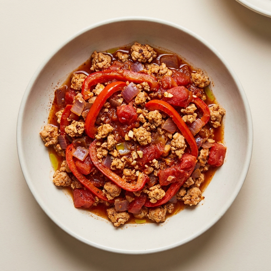 Mexican Spiced Ground Chicken and Pepper Skillet, prepared as a finished Lila recipe