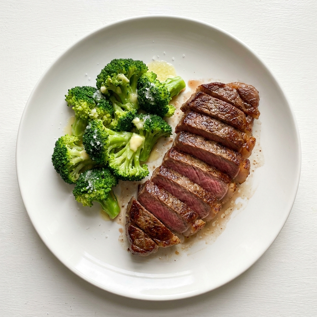 Pan-Seared Sirloin Steak with Buttered Steamed Broccoli, prepared as a finished Lila recipe