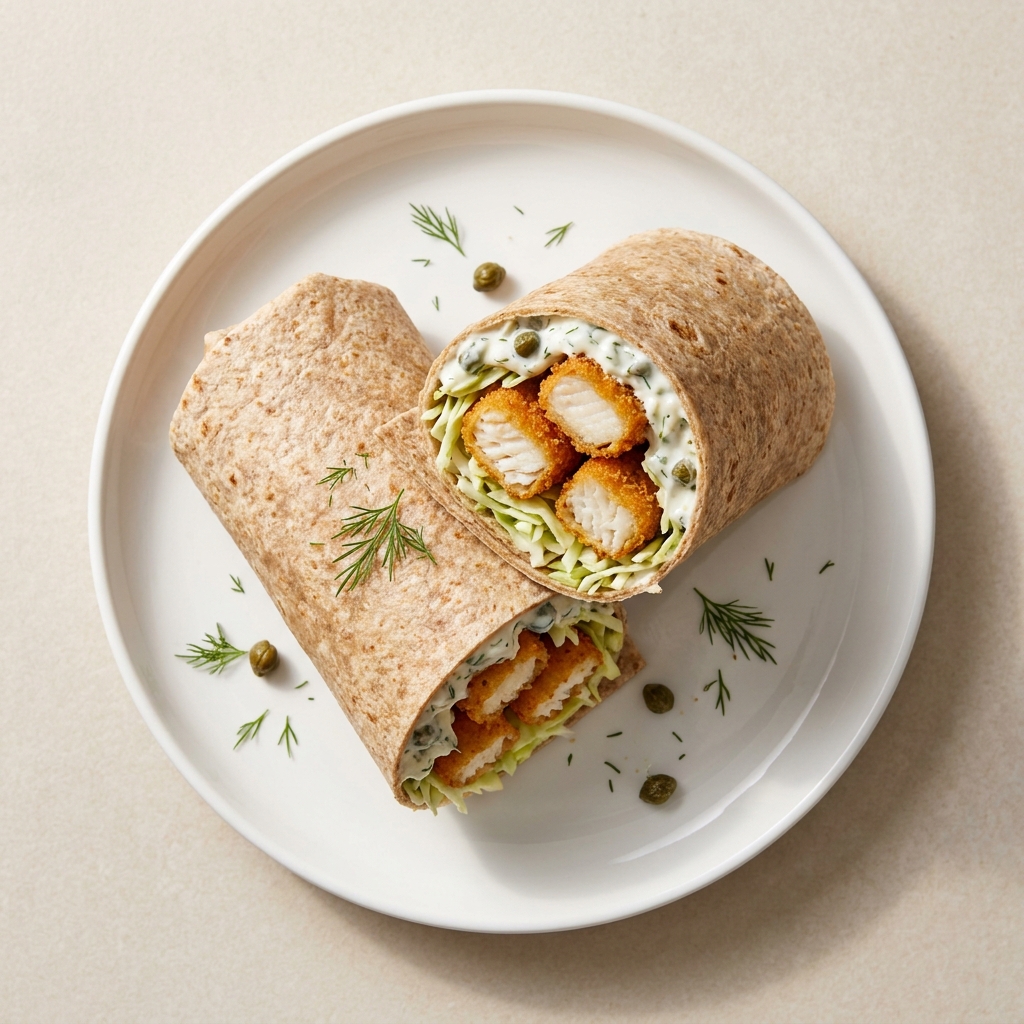 Air-Fryer Fish Finger Wrap with Greek Yogurt Tartar, prepared as a finished Lila recipe