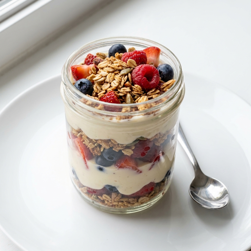 Berry Yogurt Parfait with Homemade Granola, prepared as a finished Lila recipe