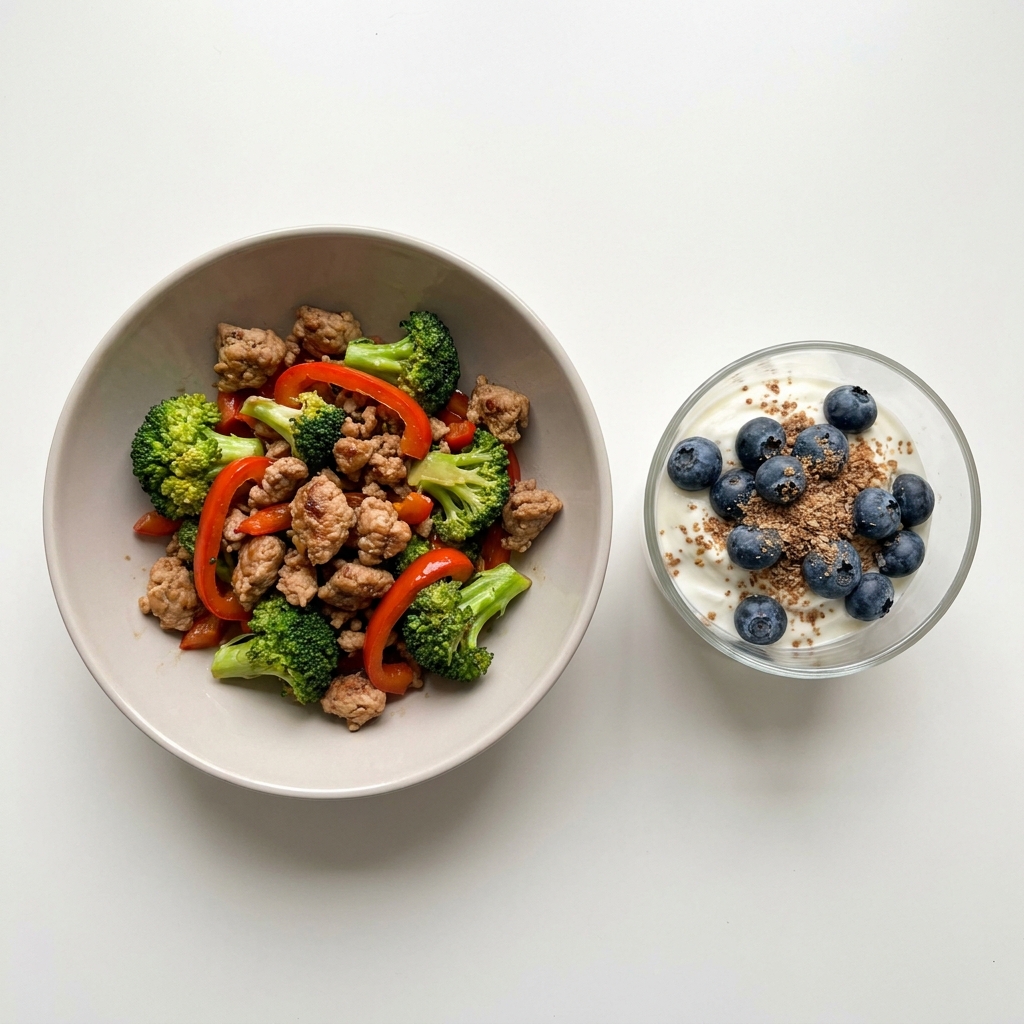 Turkey Vegetable Stir-Fry with Berry Yogurt Parfait, prepared as a finished Lila recipe