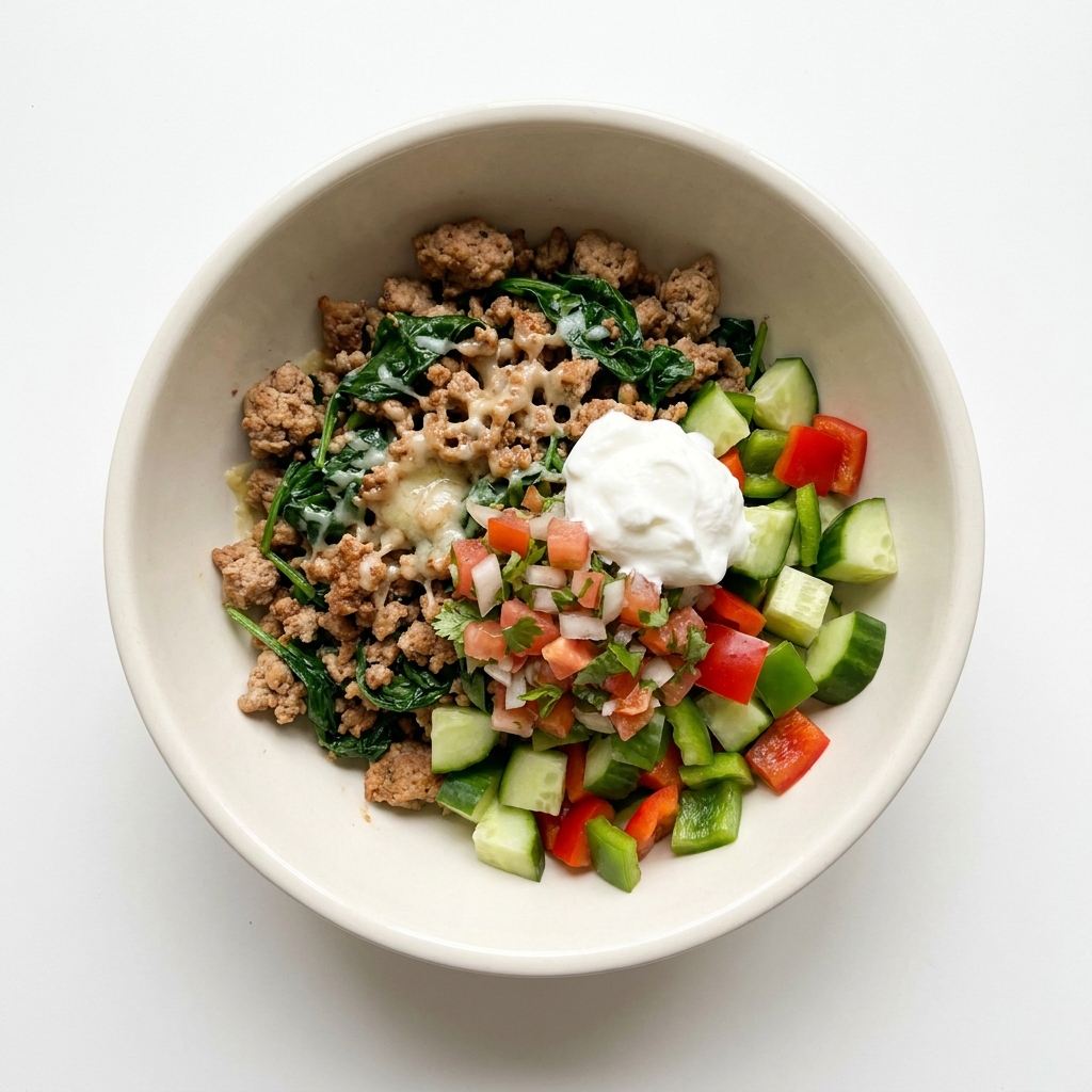Turkey Spinach Warm Bowl with Cucumber Pico Salad, prepared as a finished Lila recipe