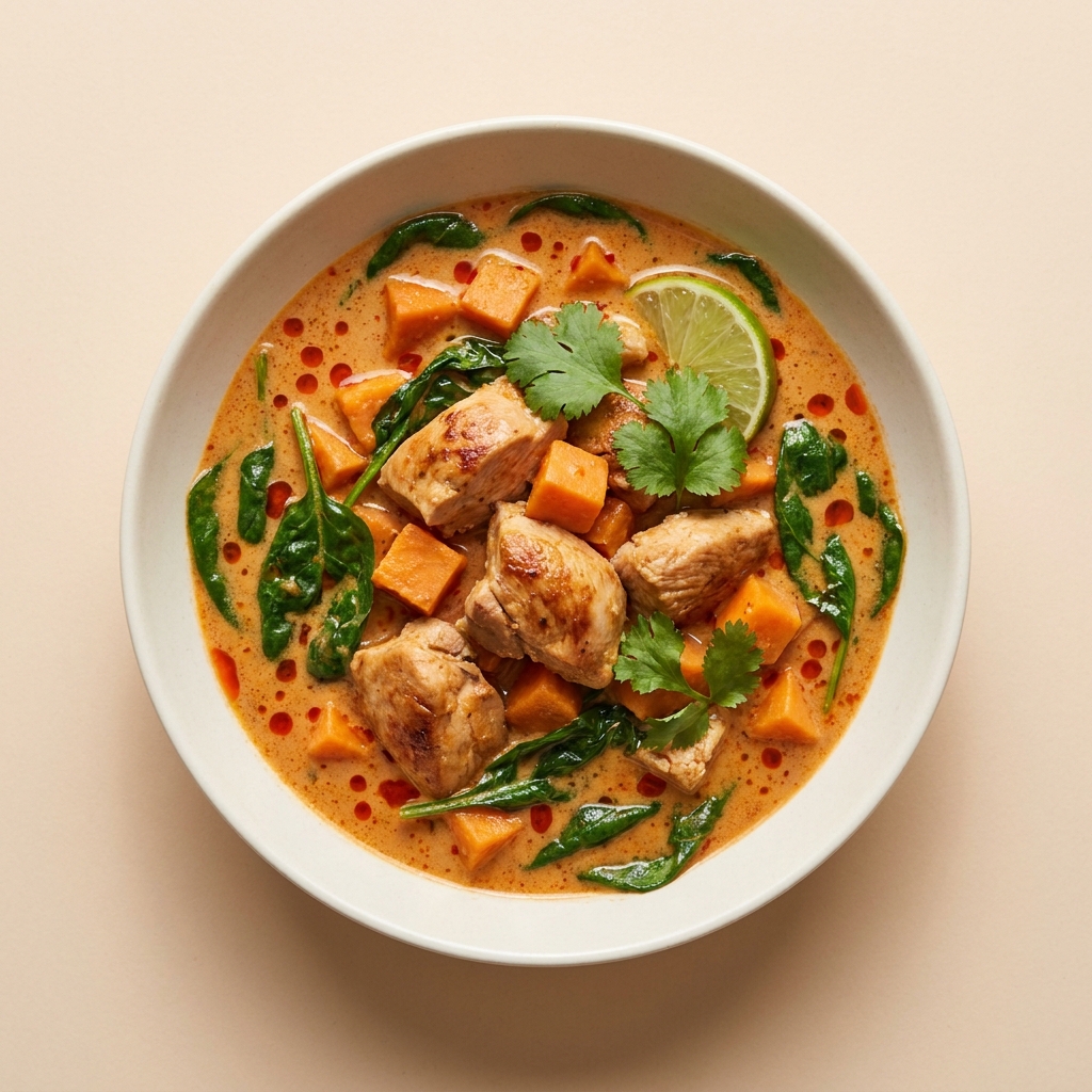 Thai Red Curry Chicken and Sweet Potato Bowl, prepared as a finished Lila recipe