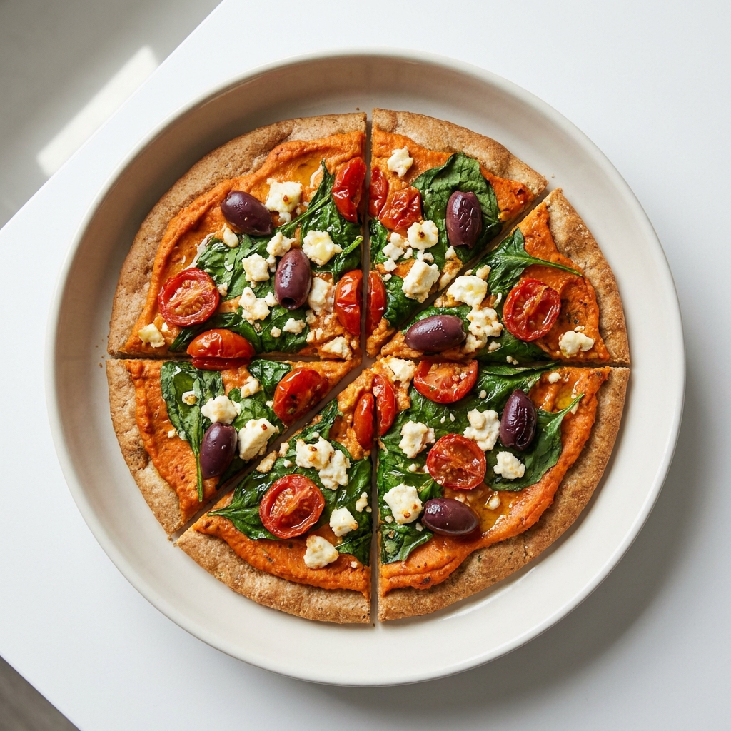 Mediterranean Roasted Red Pepper Hummus Flatbread Pizza, prepared as a finished Lila recipe