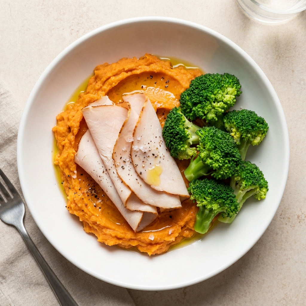 Warm Turkey and Sweet Potato Mash Bowl, prepared as a finished Lila recipe