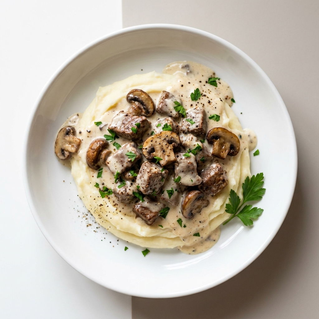 Creamy Beef and Mushroom Stroganoff over Mashed Potatoes, prepared as a finished Lila recipe