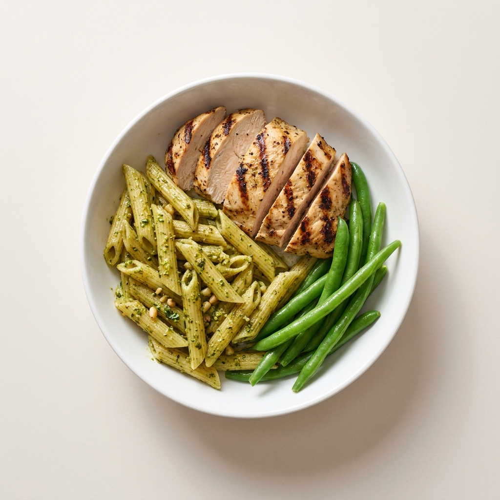 Grilled Chicken with Pesto Pasta and Green Beans, prepared as a finished Lila recipe