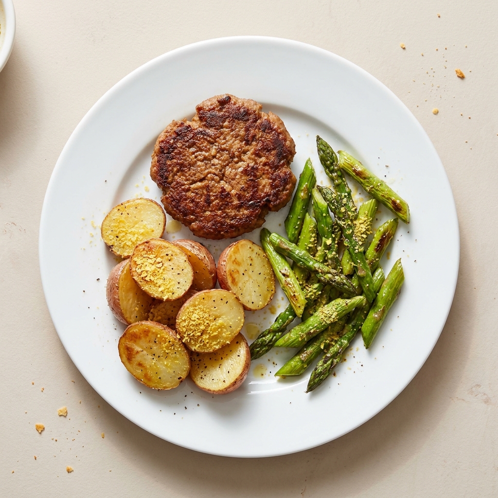 Seared Beyond Patty with Garlic Baby Potatoes and Asparagus, prepared as a finished Lila recipe
