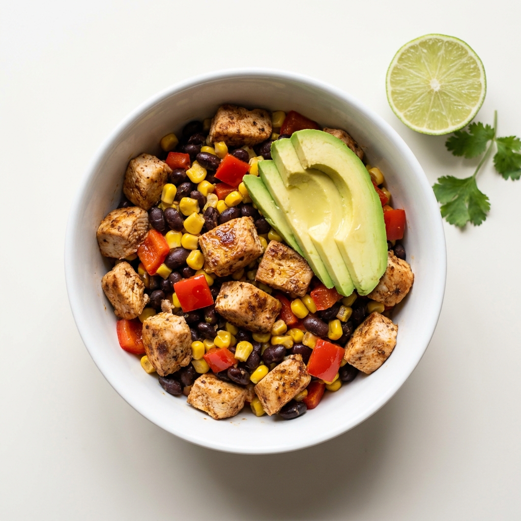 Fiesta Chicken and Black Bean Burrito Bowl, prepared as a finished Lila recipe