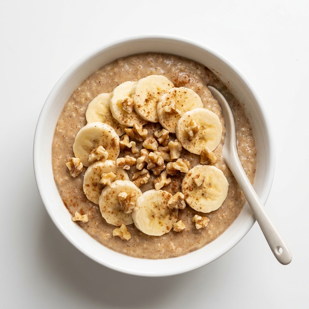 Cinnamon Banana Walnut Protein Oatmeal, prepared as a finished Lila recipe