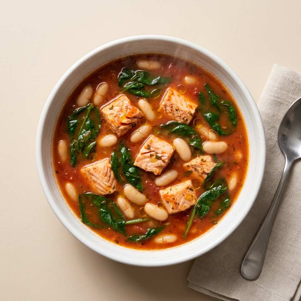 Tuscan Salmon and White Bean Chowder, prepared as a finished Lila recipe
