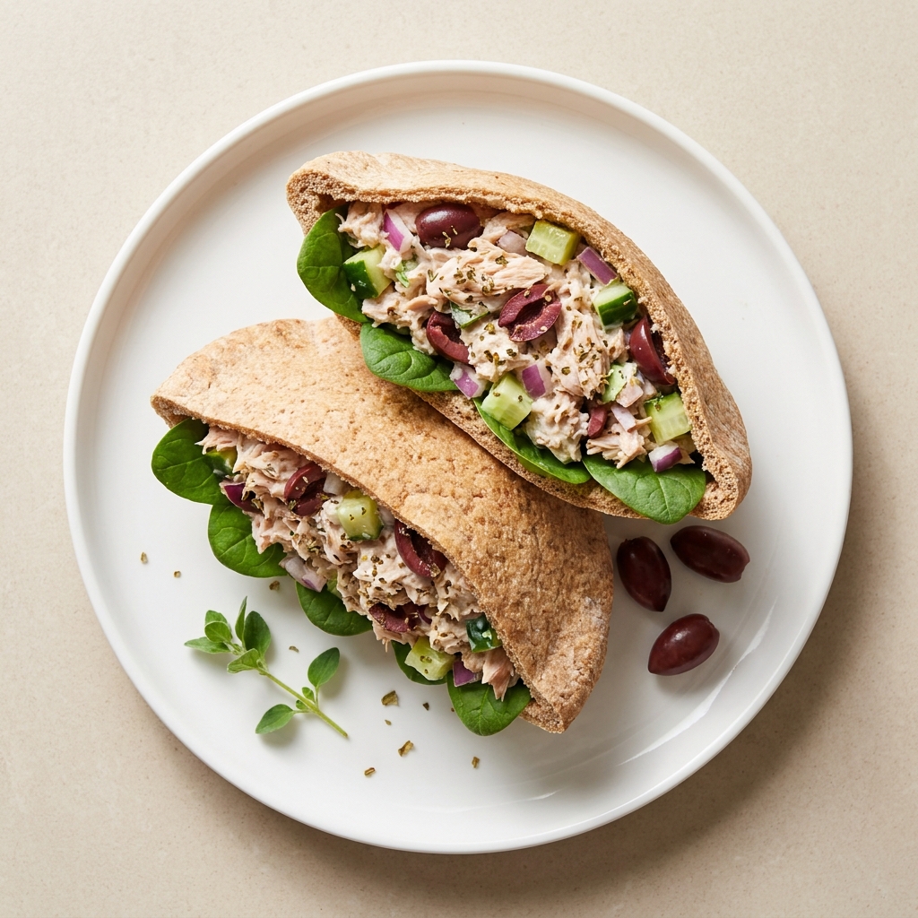 Mediterranean Greek Yogurt Tuna Salad Pitas, prepared as a finished Lila recipe