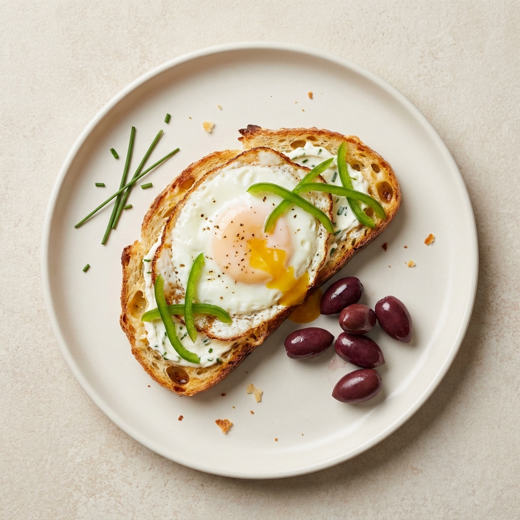 Asiago Toast with Fried Egg and Olives, prepared as a finished Lila recipe