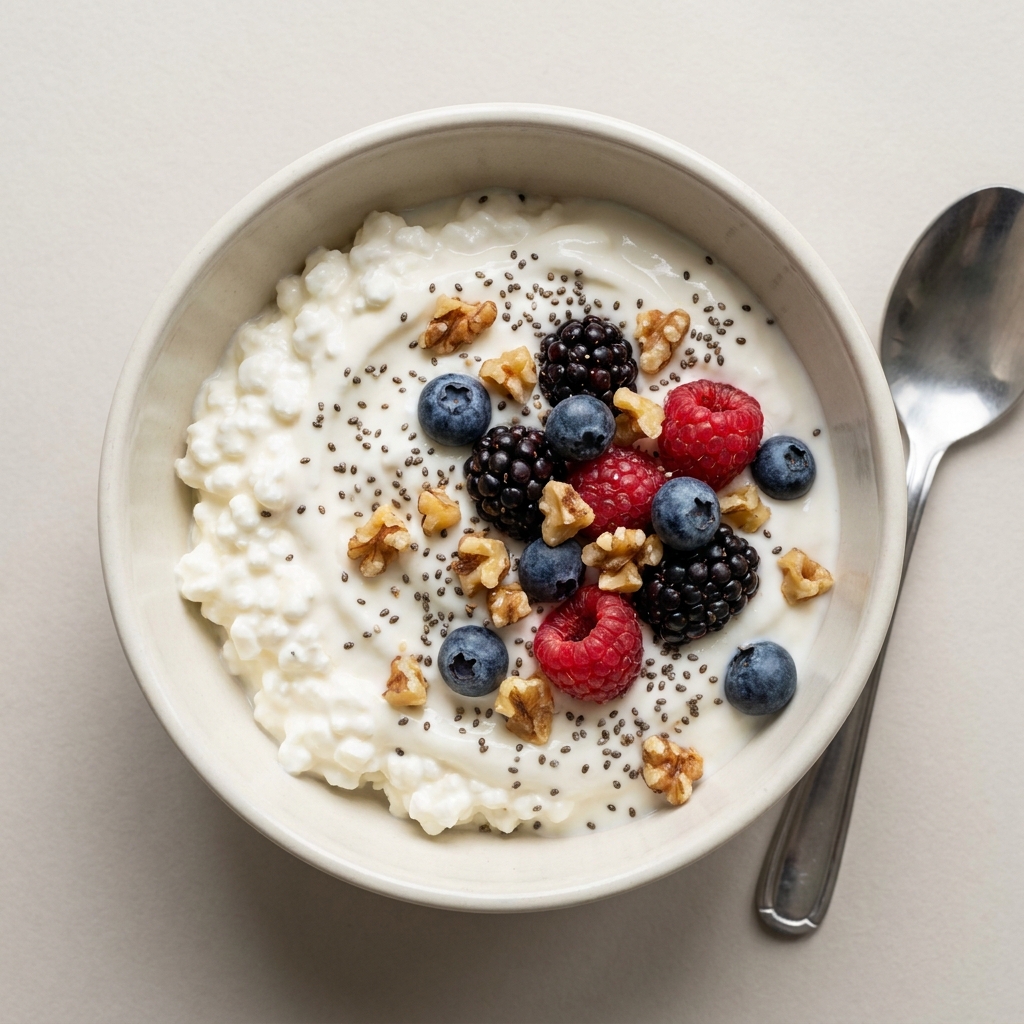 Cottage Cheese & Vanilla Greek Yogurt Berry Bowl, prepared as a finished Lila recipe