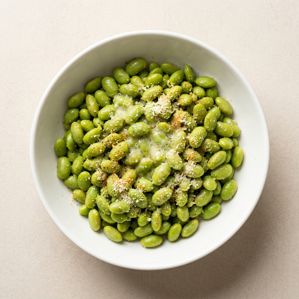 Warm Parmesan Butter Edamame, prepared as a finished Lila recipe