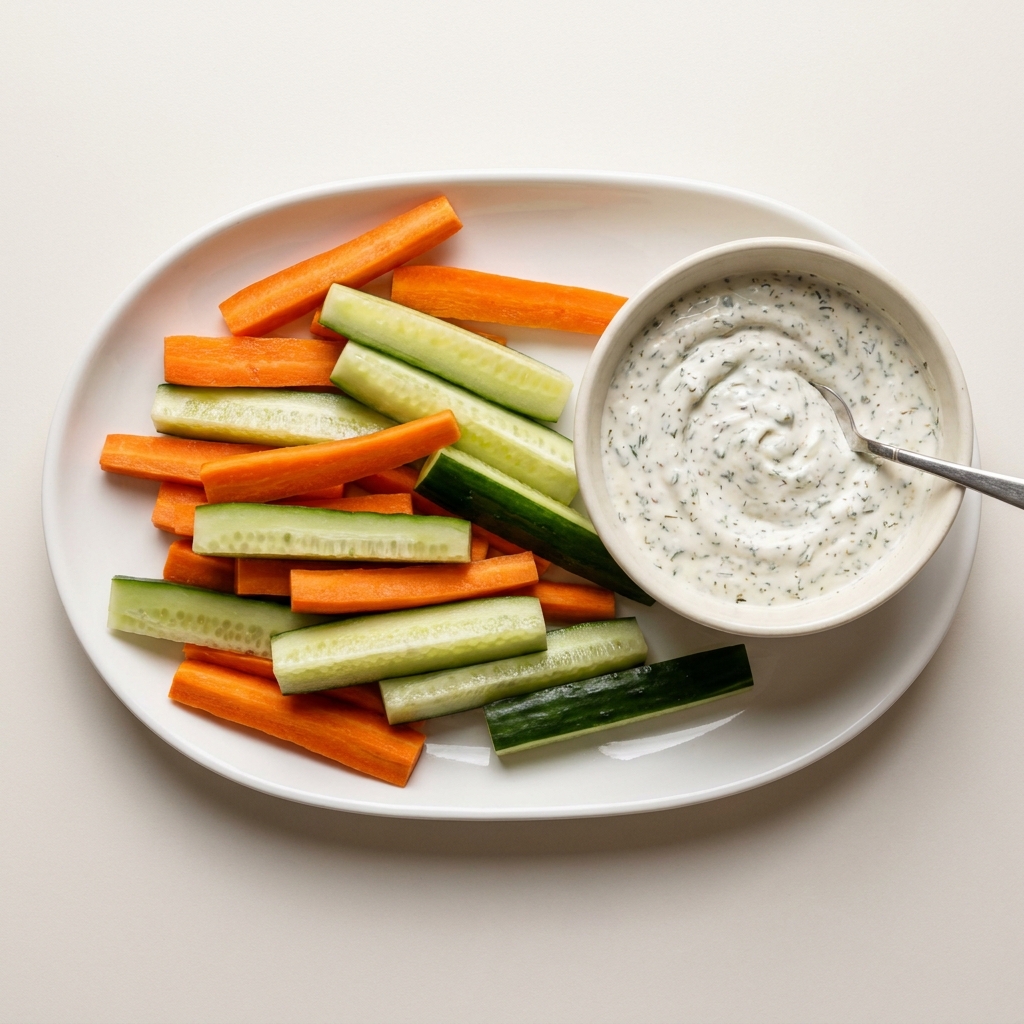 Crunchy Veggie Sticks with Creamy Greek Yogurt Ranch, prepared as a finished Lila recipe