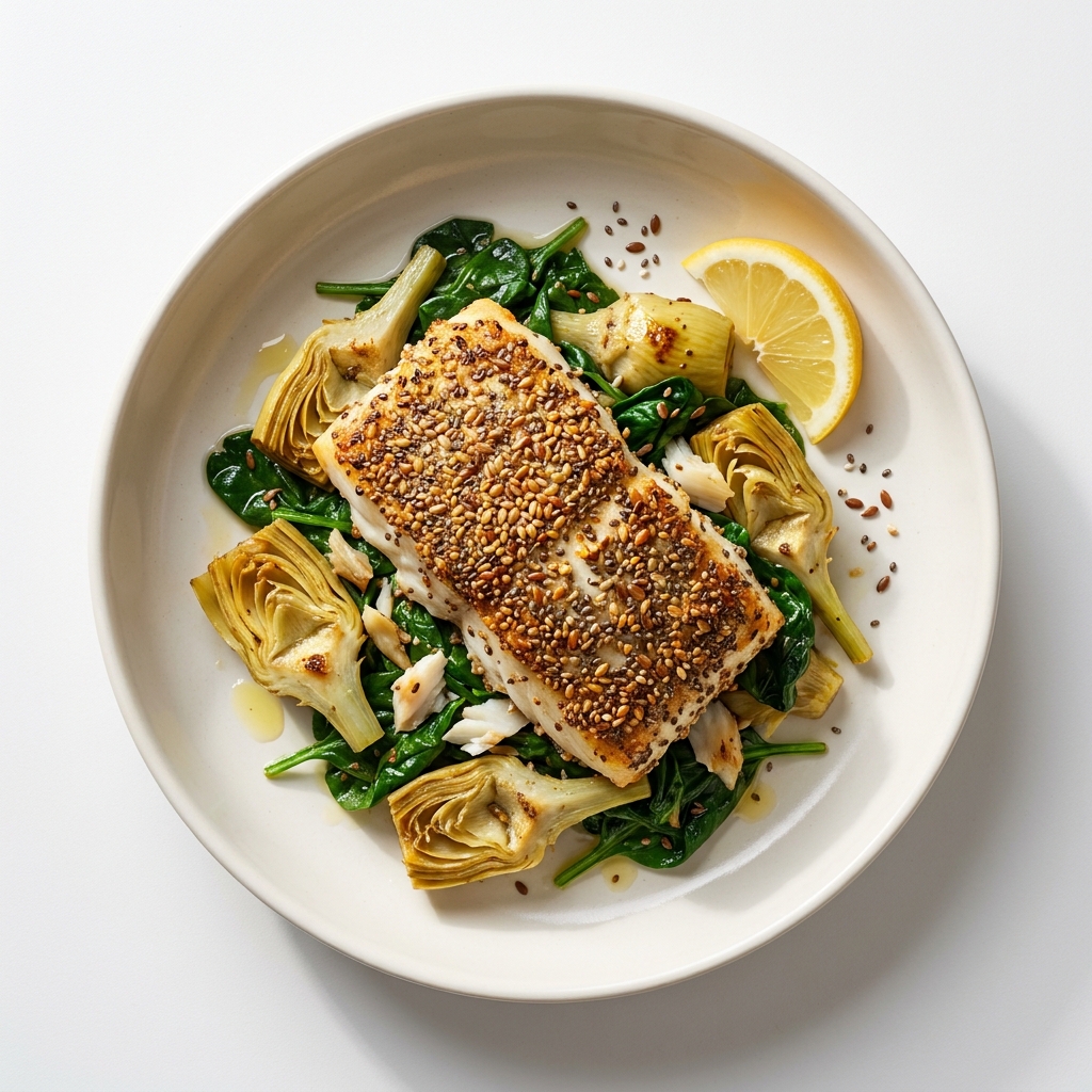 Seed Crusted Cod with Braised Artichokes and Spinach, prepared as a finished Lila recipe