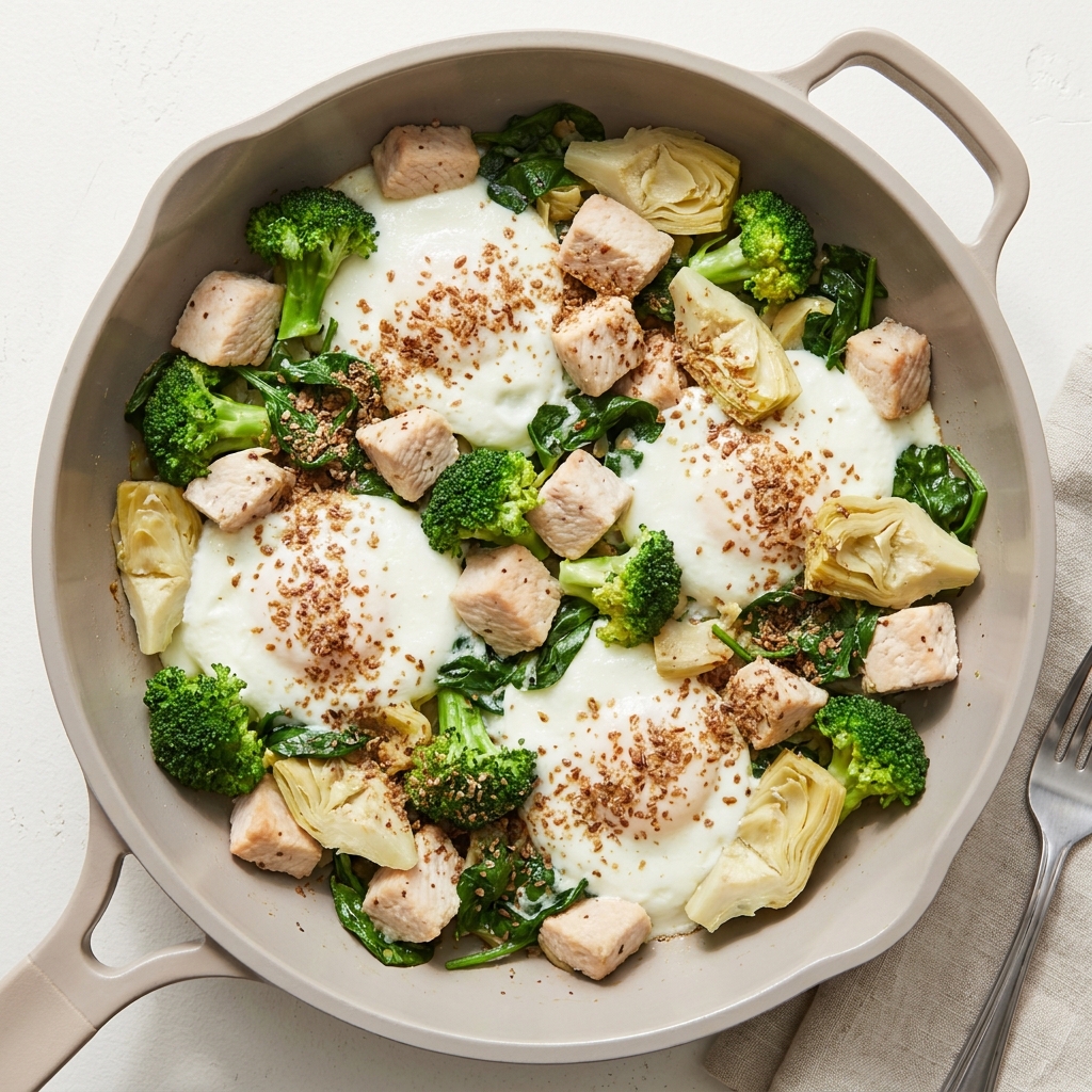 Turkey and Egg White Spinach Artichoke Skillet, prepared as a finished Lila recipe