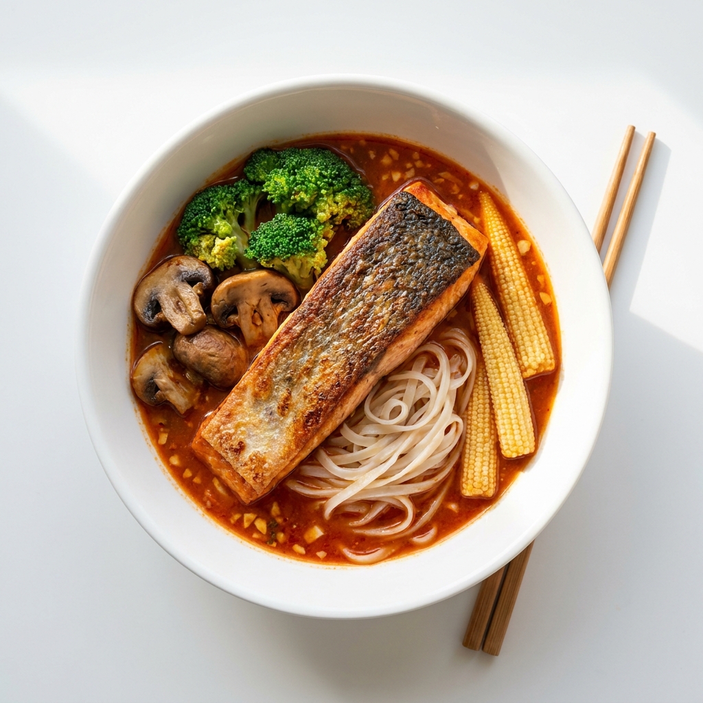 Gochujang Salmon and Noodle Broth Bowl, prepared as a finished Lila recipe