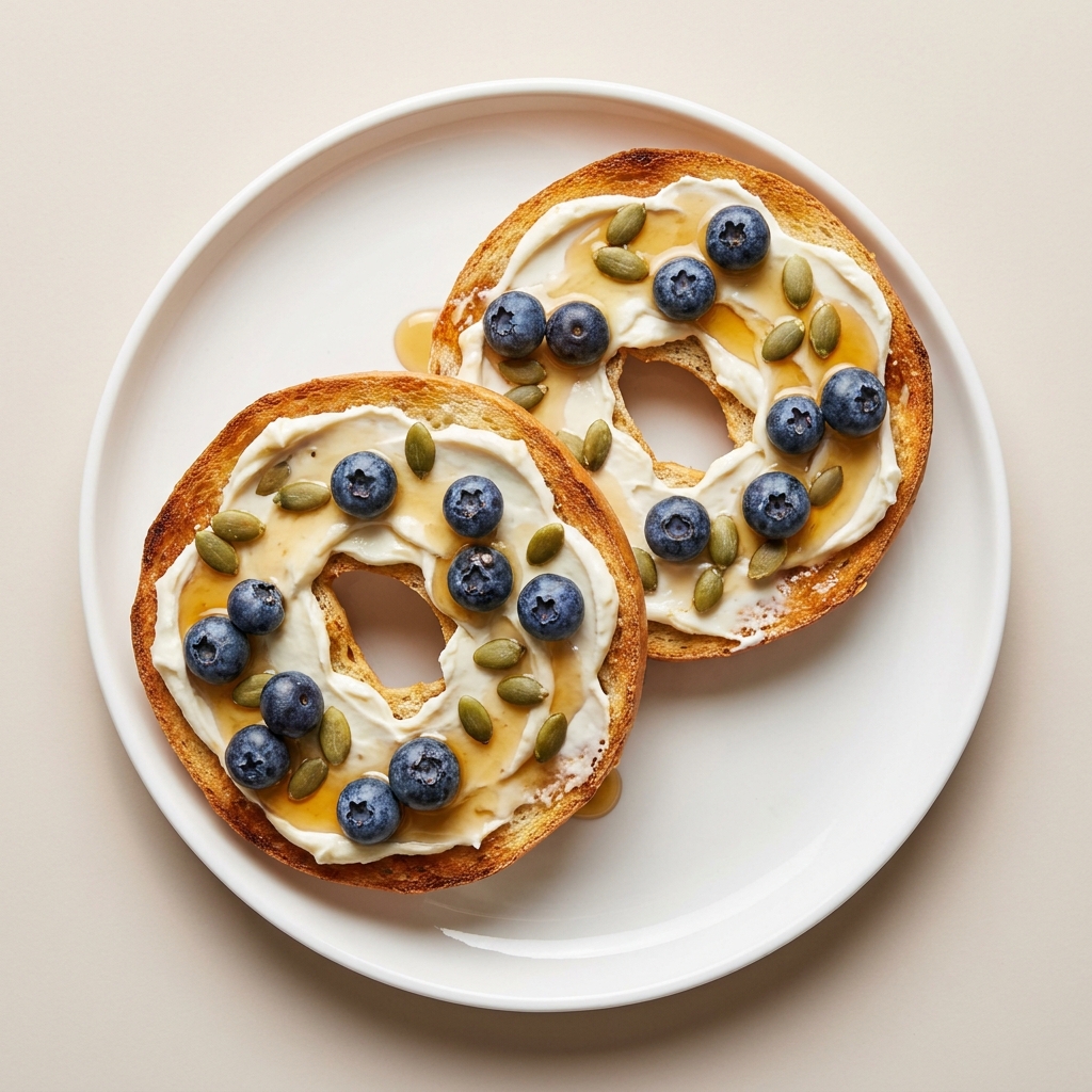 Toasted Sola Bagel With Cream Cheese and Blueberries, prepared as a finished Lila recipe