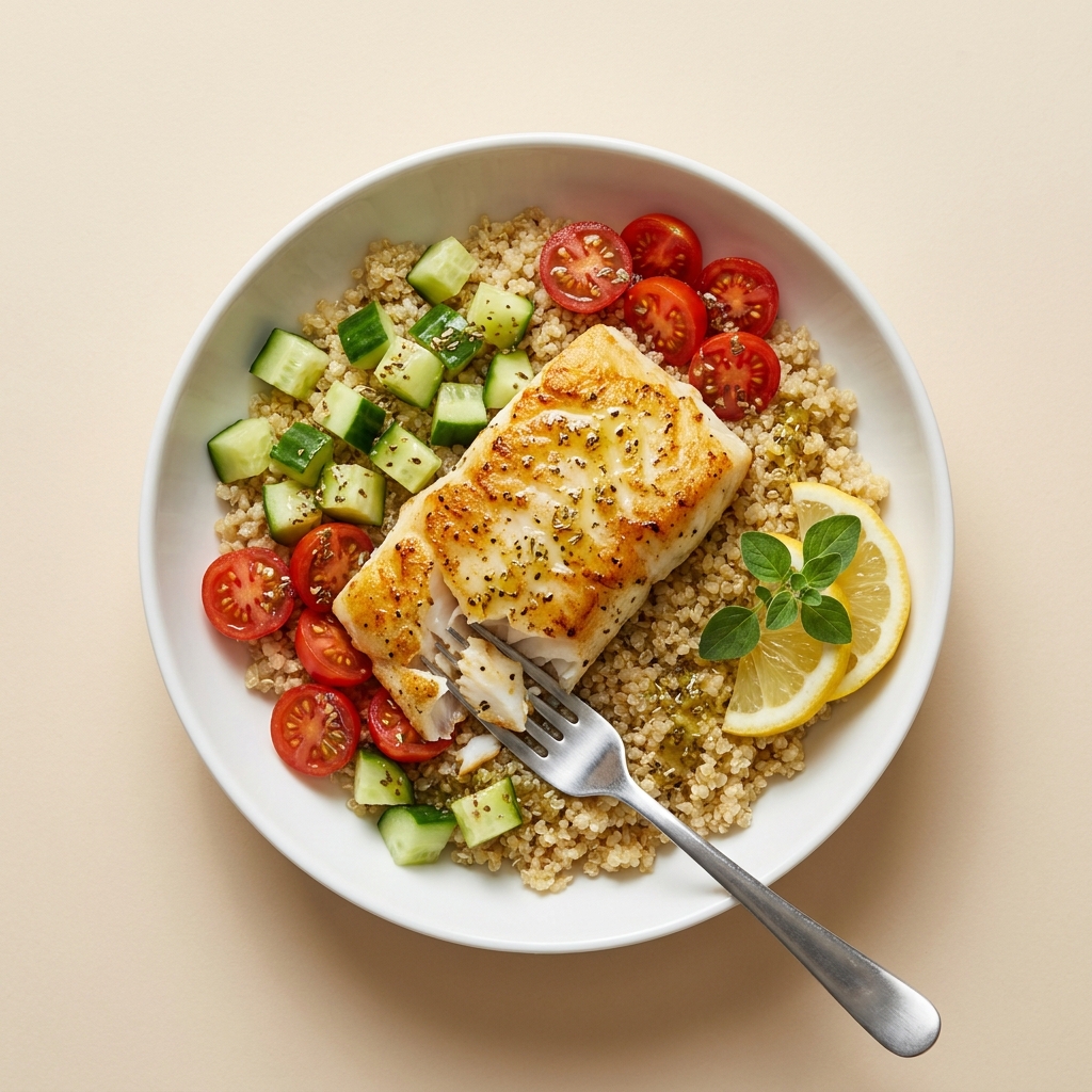 Lemon Herb Cod Bowl With Quinoa and Cucumber, prepared as a finished Lila recipe