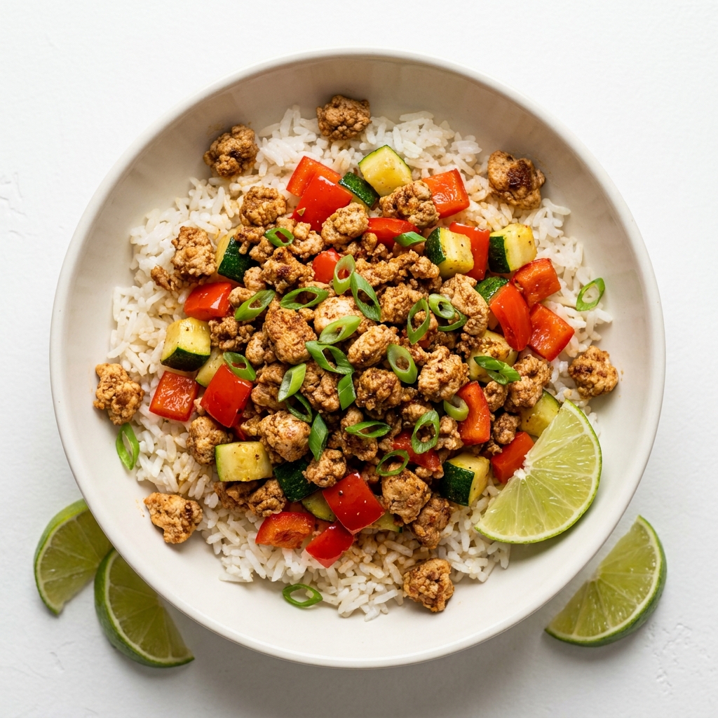 Mexican Spiced Chicken and Jasmine Rice Bowl, prepared as a finished Lila recipe