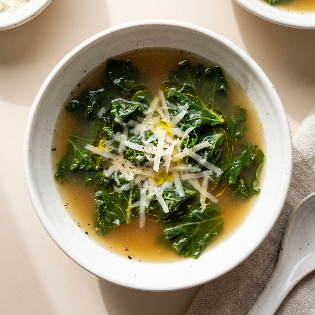 Warm Kale and Parmesan Bone Broth Bowl, prepared as a finished Lila recipe