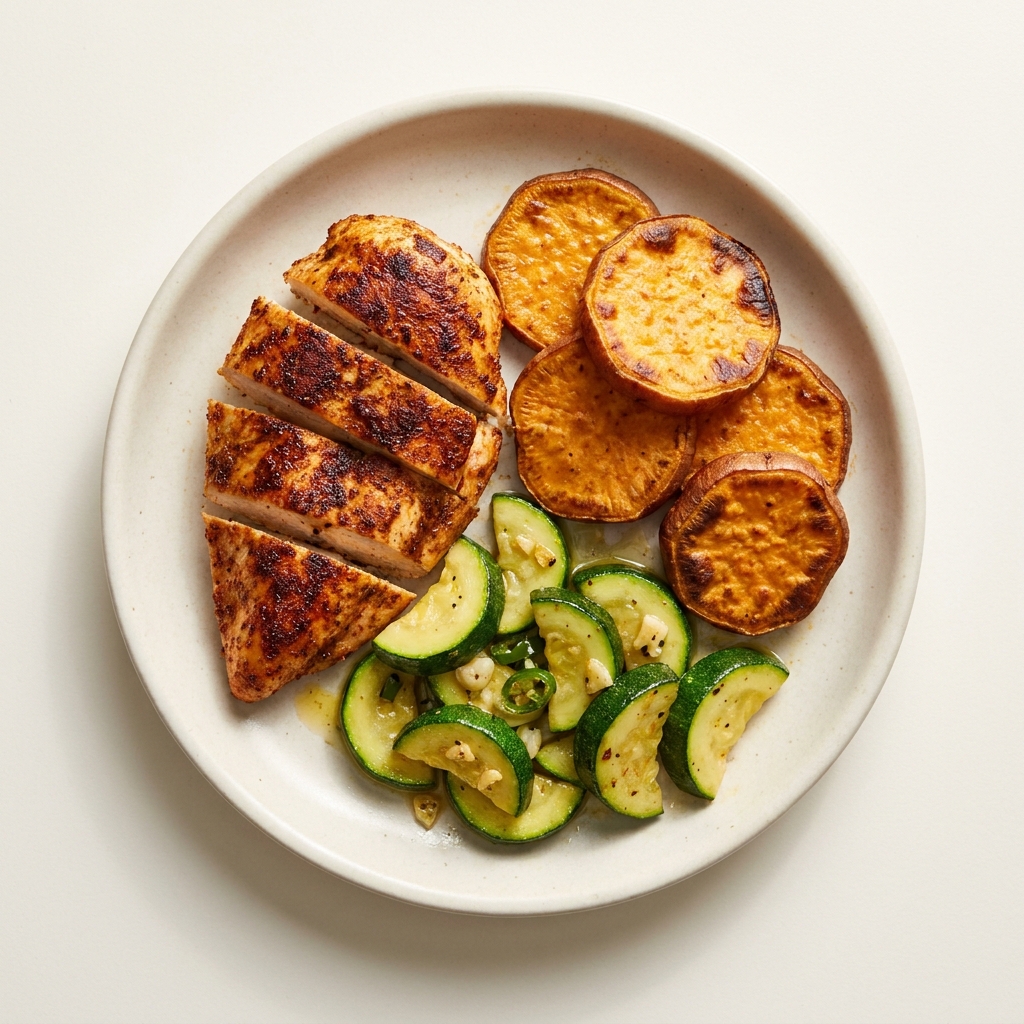 Spicy Cajun Chicken with Roasted Sweet Potato and Zucchini, prepared as a finished Lila recipe