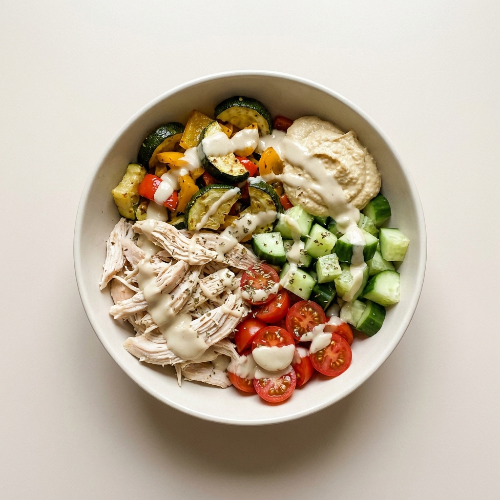 Mediterranean Lemon Tahini Shredded Chicken Bowl, prepared as a finished Lila recipe