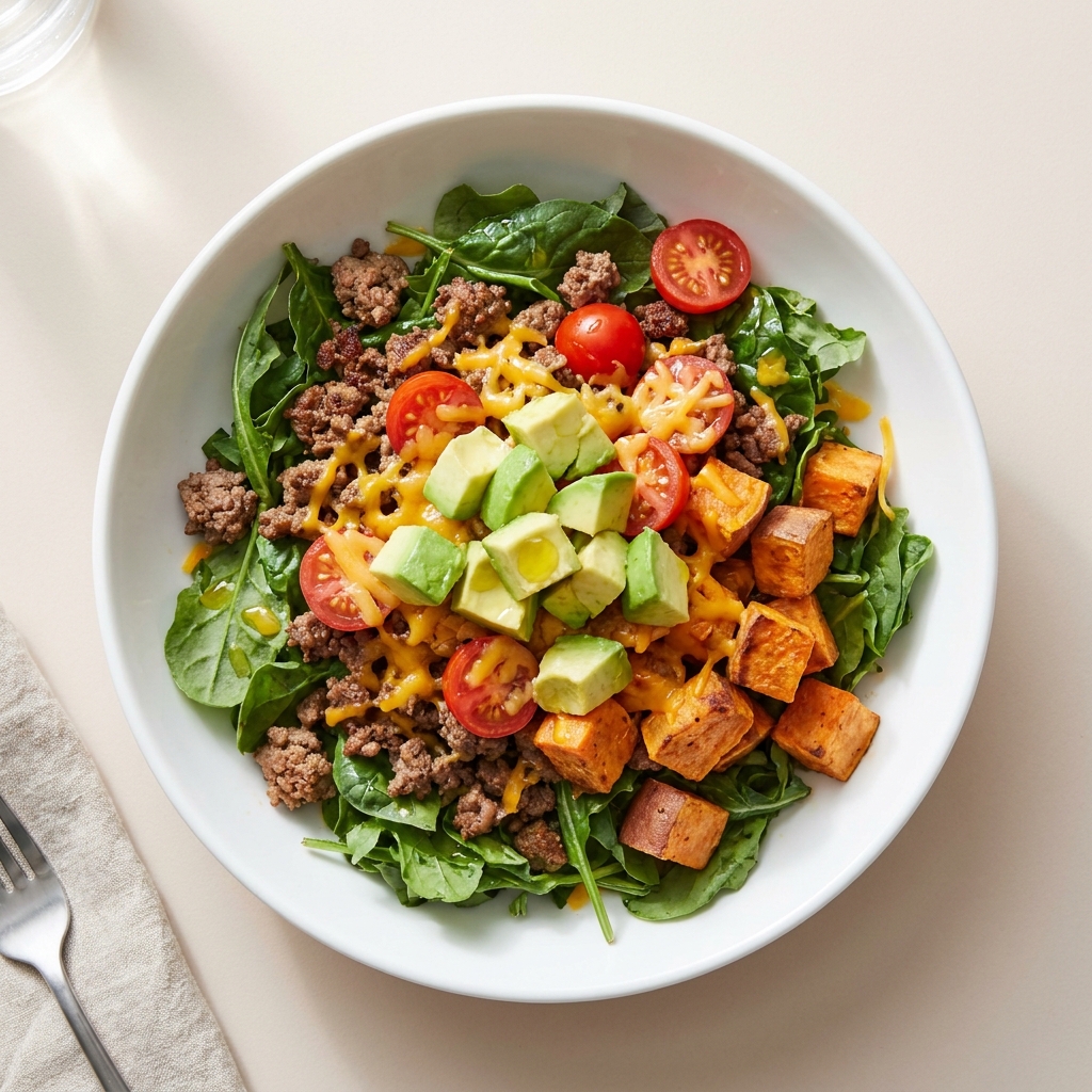 Ground Beef Sweet Potato Kale and Avocado Bowl, prepared as a finished Lila recipe