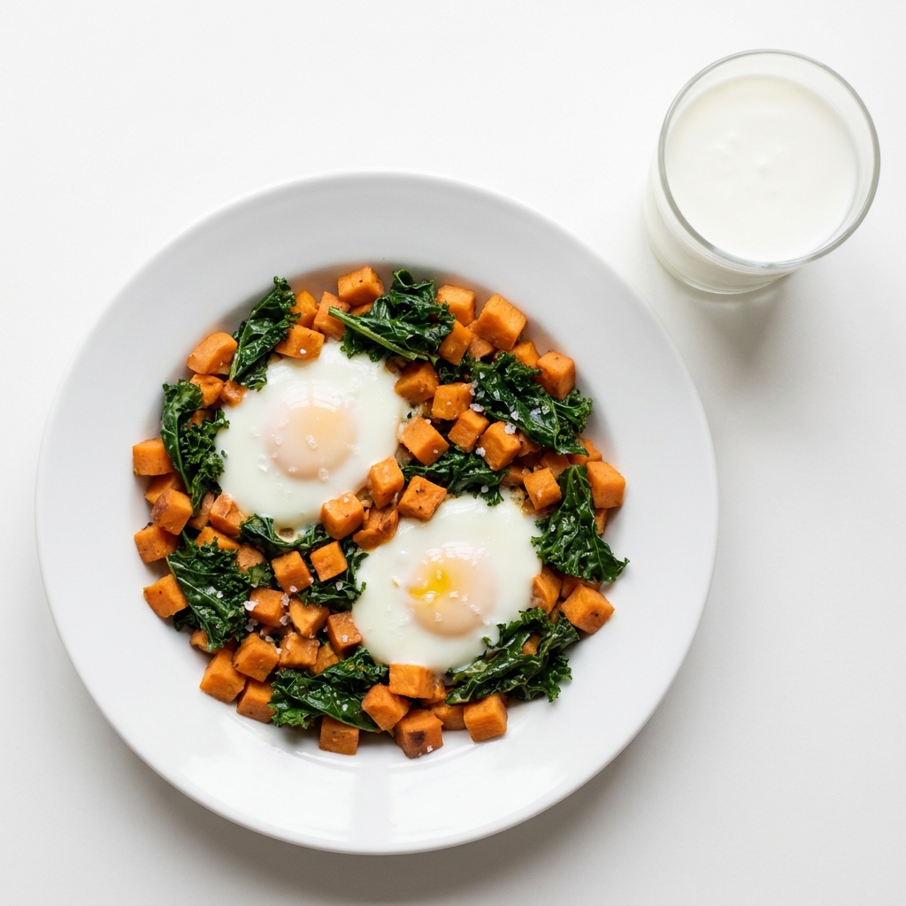 Gentle Egg Sweet Potato and Soft Kale Skillet with Kefir, prepared as a finished Lila recipe