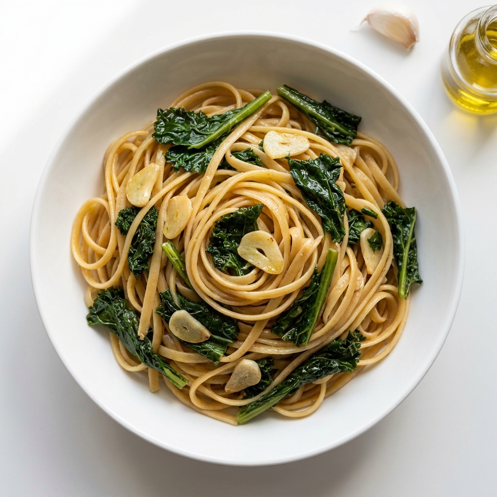Garlic Olive Oil Durum Linguine with Kale, prepared as a finished Lila recipe