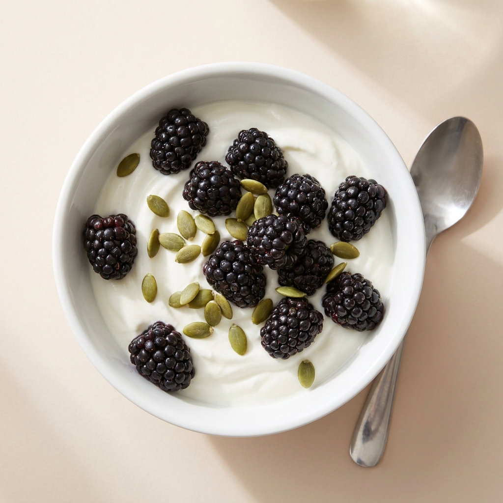 Greek Yogurt Berry and Pumpkin Seed Bowl, prepared as a finished Lila recipe