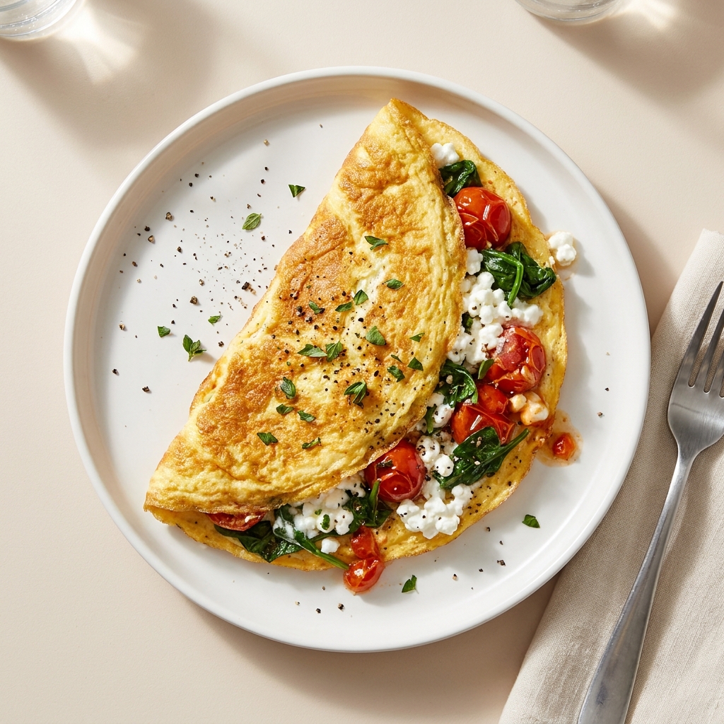 Gluten-Free Cottage Cheese and Veggie Omelet, prepared as a finished Lila recipe