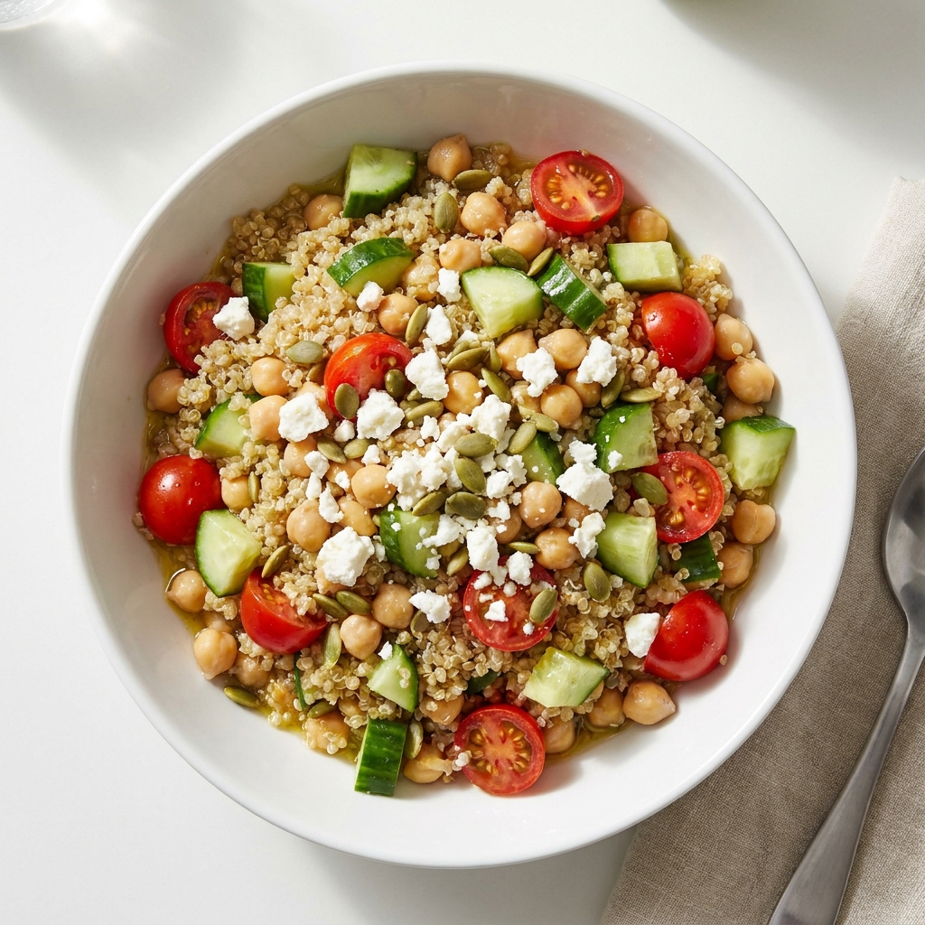 Mediterranean Chickpea and Quinoa Power Bowl, prepared as a finished Lila recipe