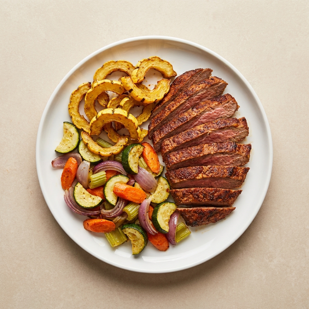 Spicy Cajun Flank Steak with Roasted Veggies and Delicata, prepared as a finished Lila recipe