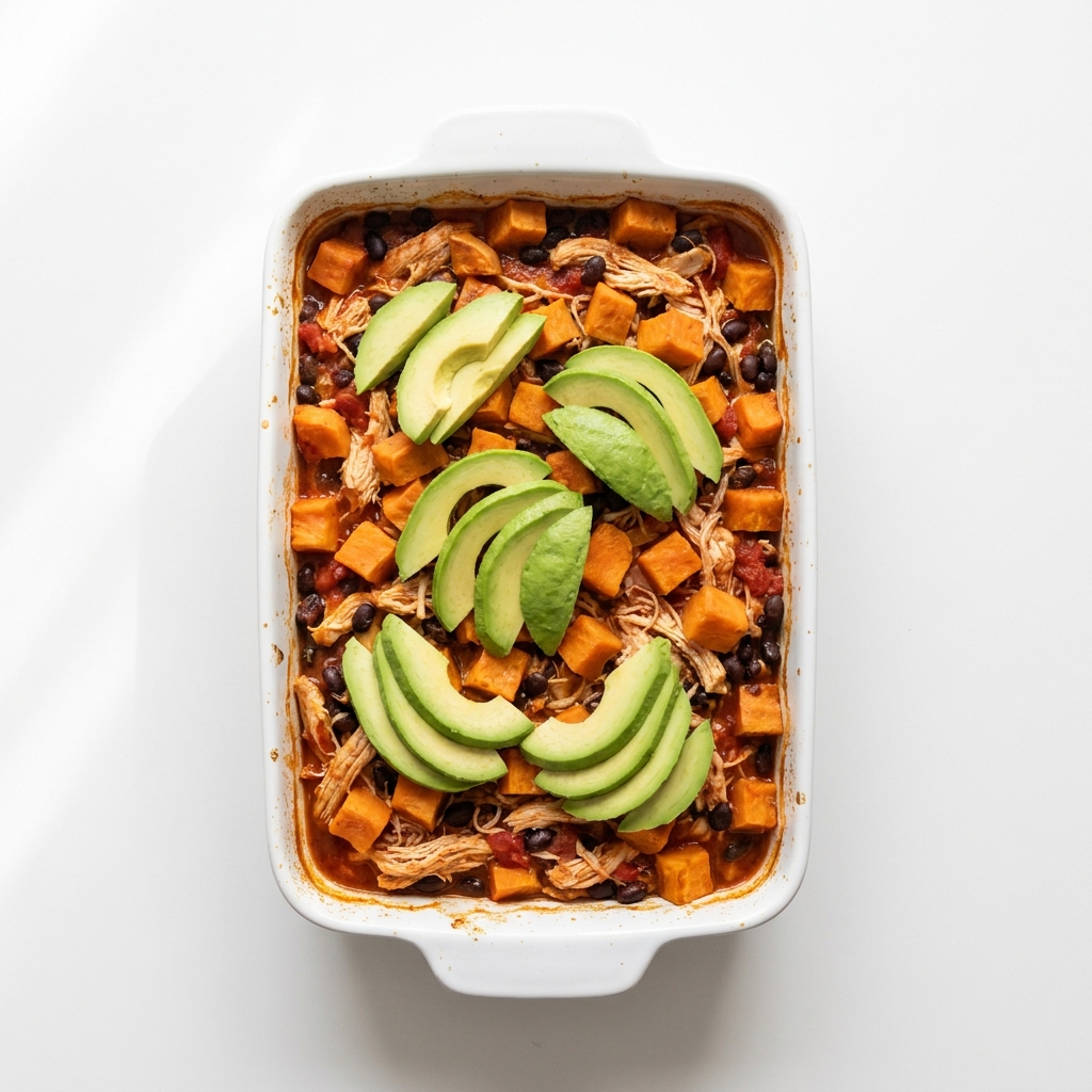 Mexican Shredded Chicken and Sweet Potato Comfort Bake, prepared as a finished Lila recipe