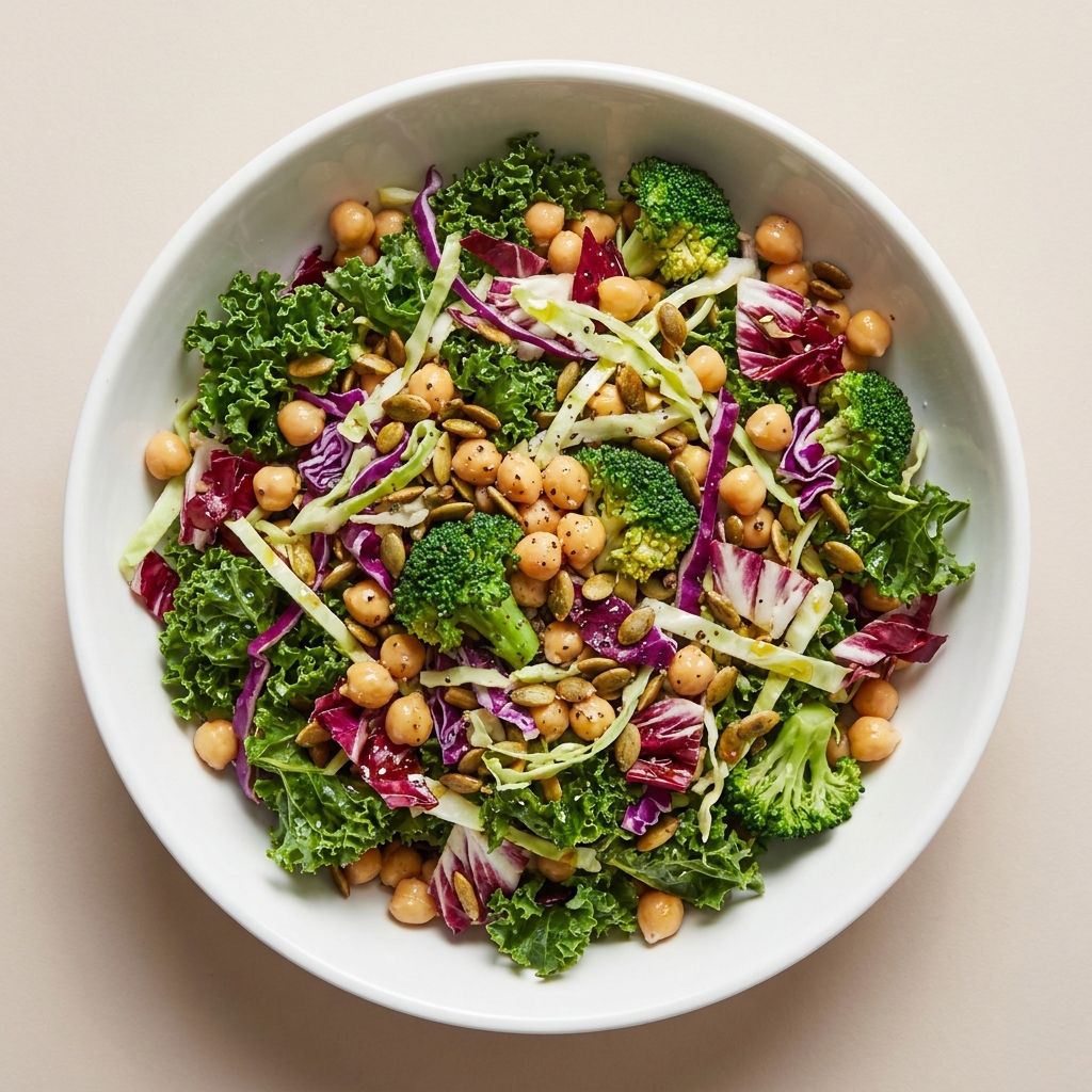 Mixed Kale, Radicchio, Cabbage & Broccoli Salad with Chickpeas and Pumpkin Seeds, prepared as a finished Lila recipe
