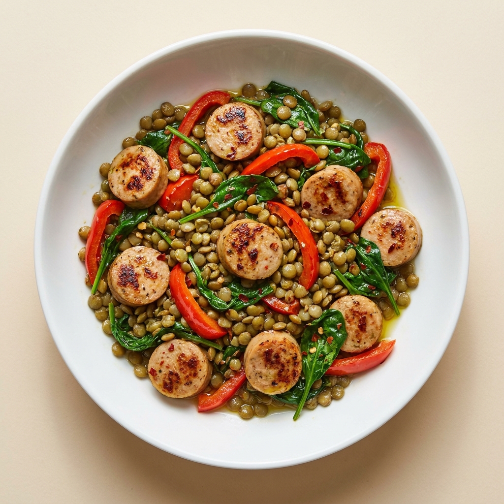 10-Minute Chicken Sausage and Lentil Skillet, prepared as a finished Lila recipe