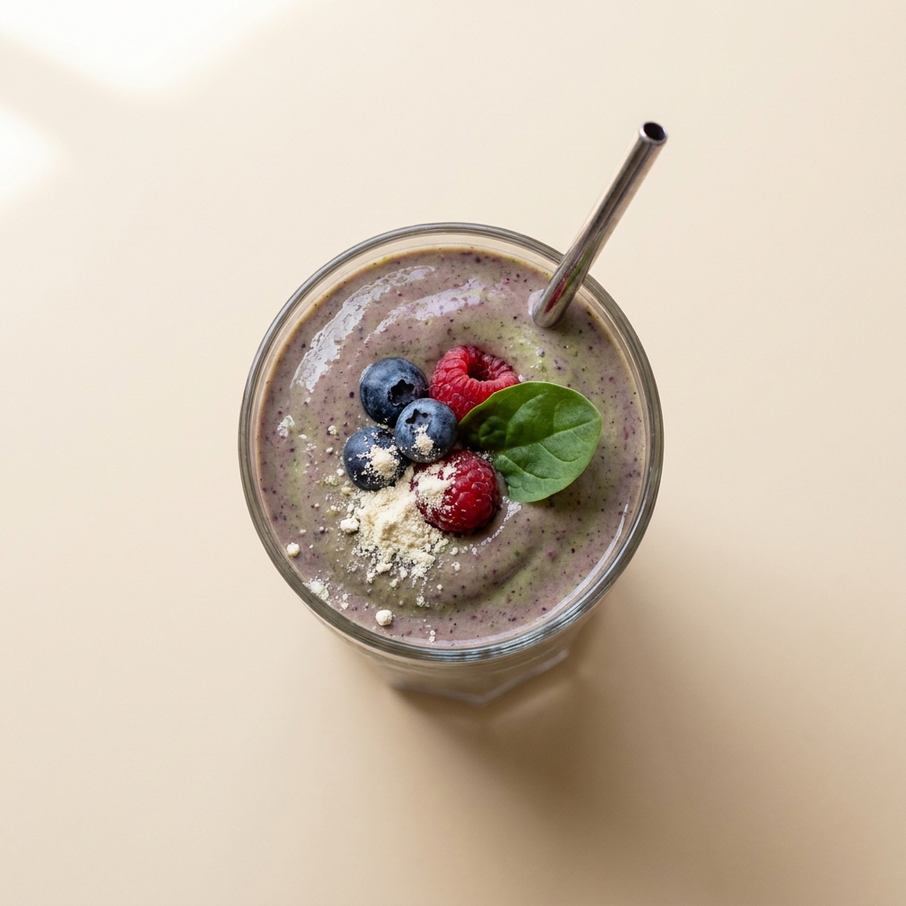 Berry Spinach Avocado Protein Smoothie, prepared as a finished Lila recipe